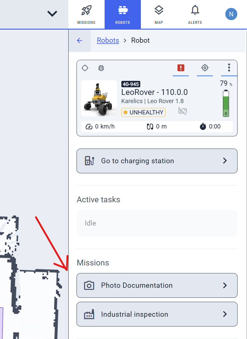 Quick mission access from robot sidebar