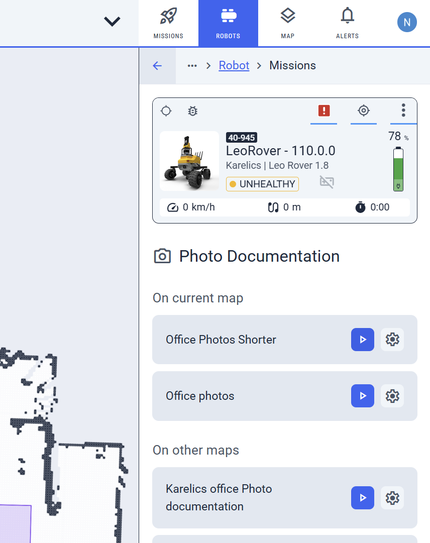 Quick mission access from robot sidebar
