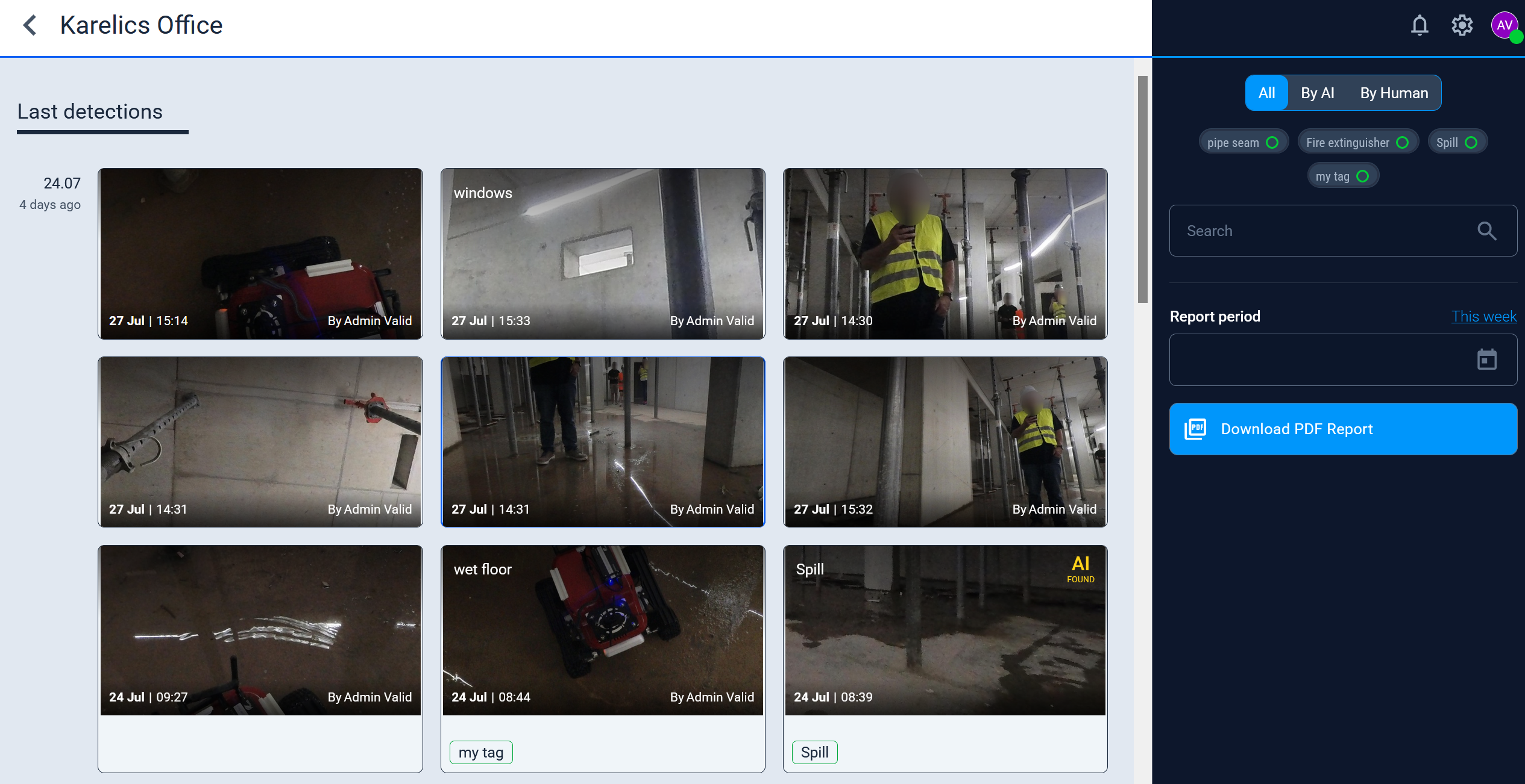Last detections search and category filters