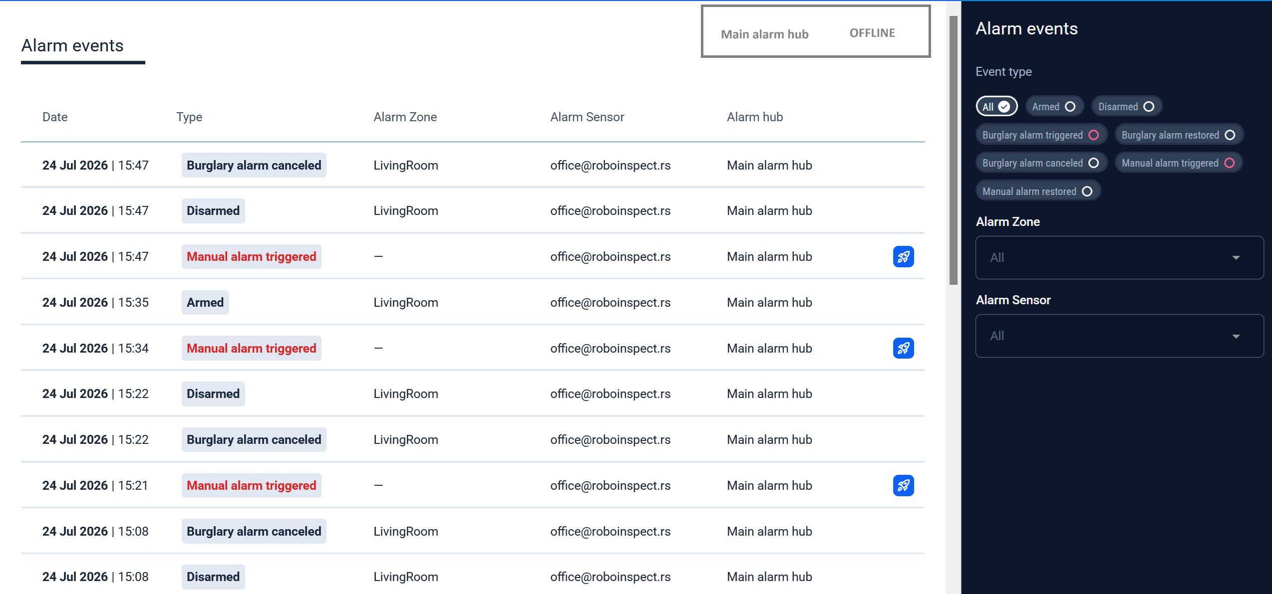Alarm events page with hub status