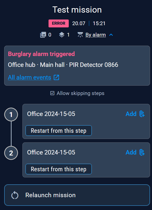 By alarm details on a mission execution