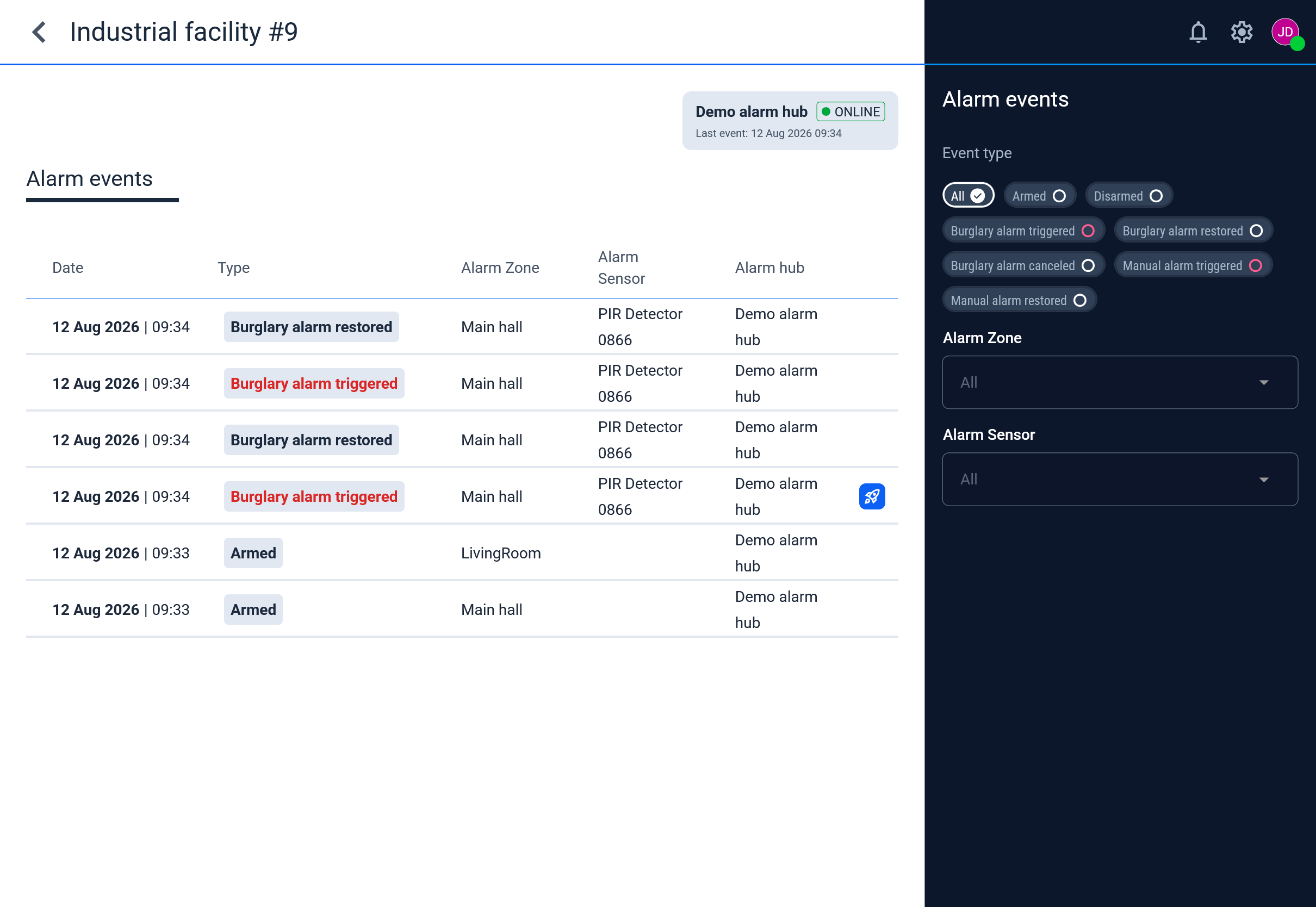 Alarm events page with the event list and filters
