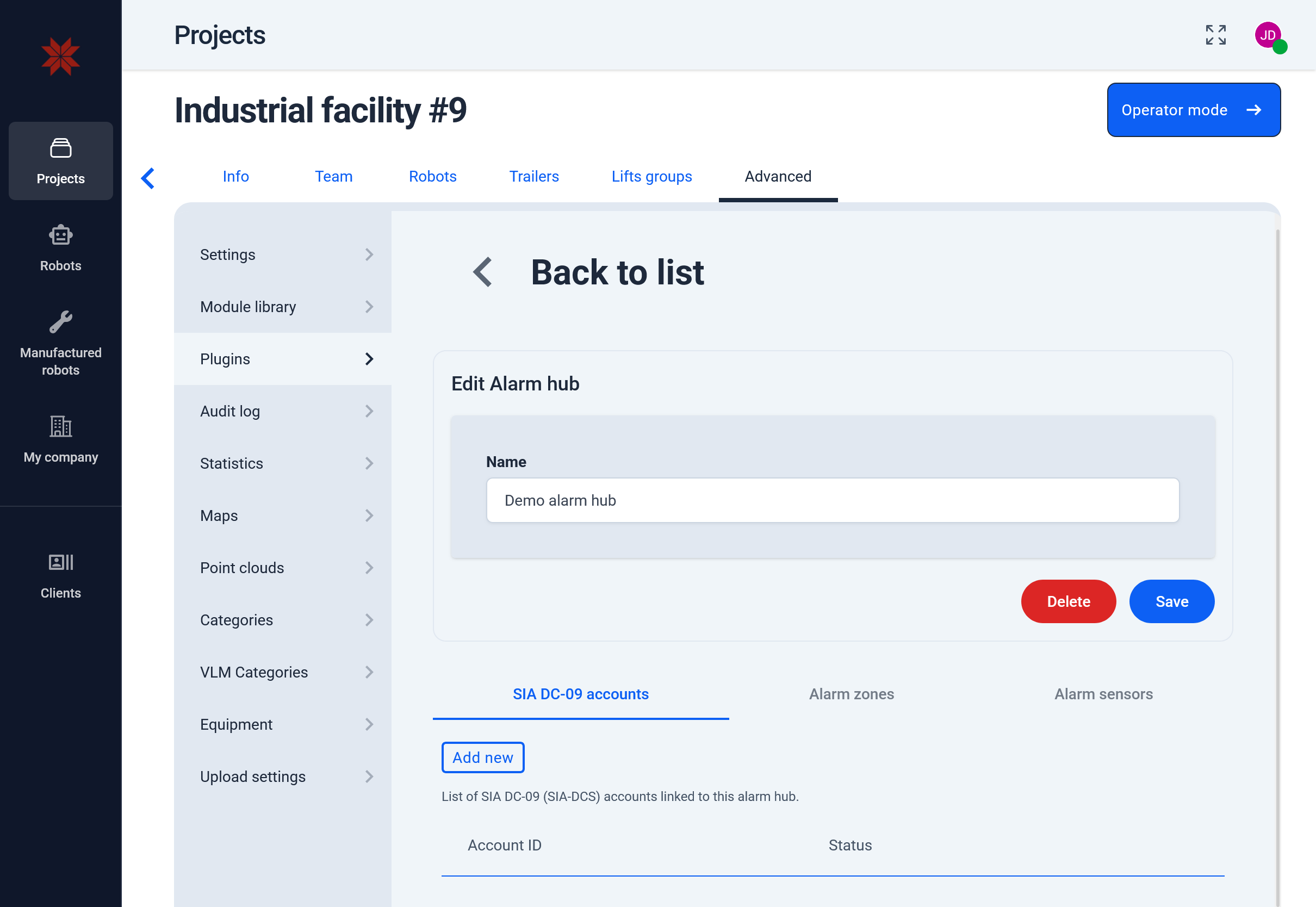 Edit Alarm hub with its three tabs