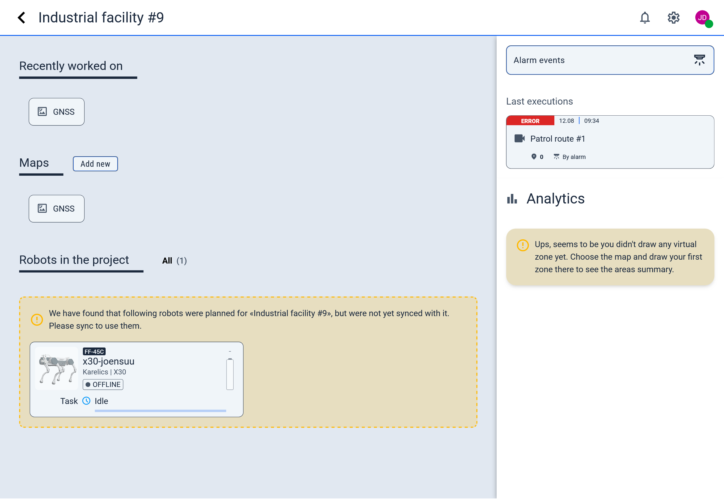 Project page with the Alarm events button