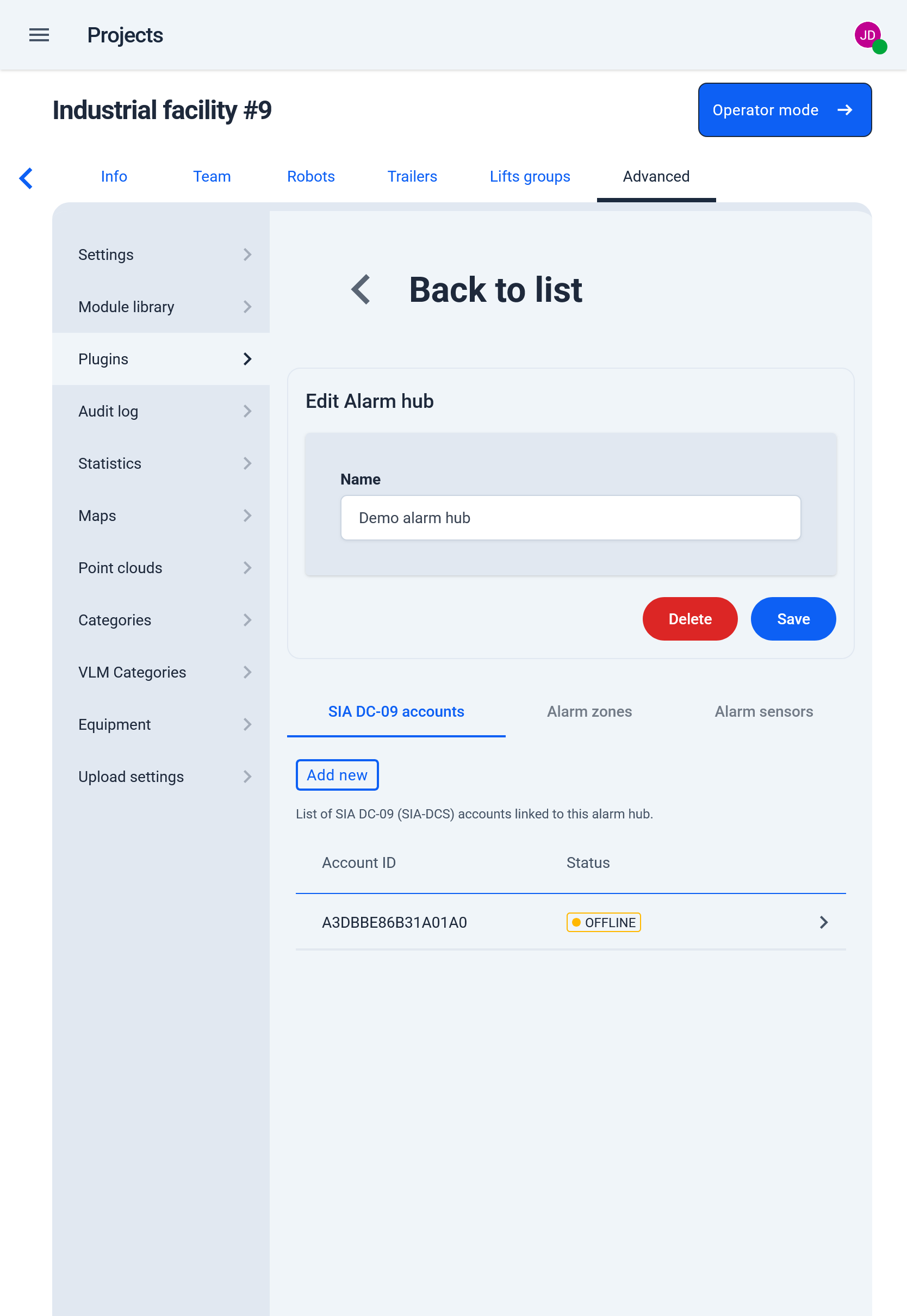SIA account in the list with Offline status