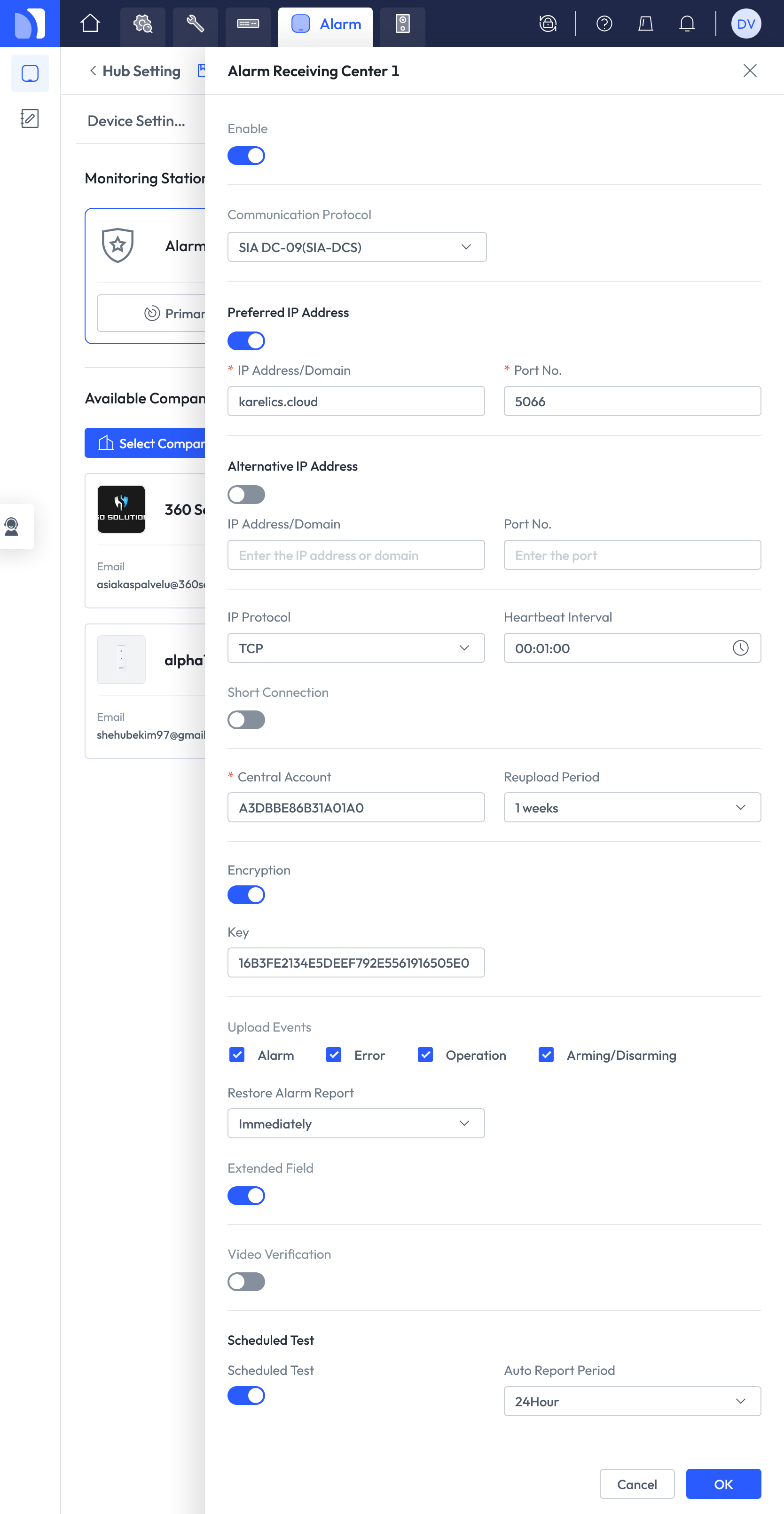 Alarm Receiving Center 1 configured for Karelics