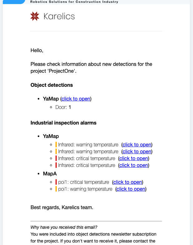POI measurements info email notification