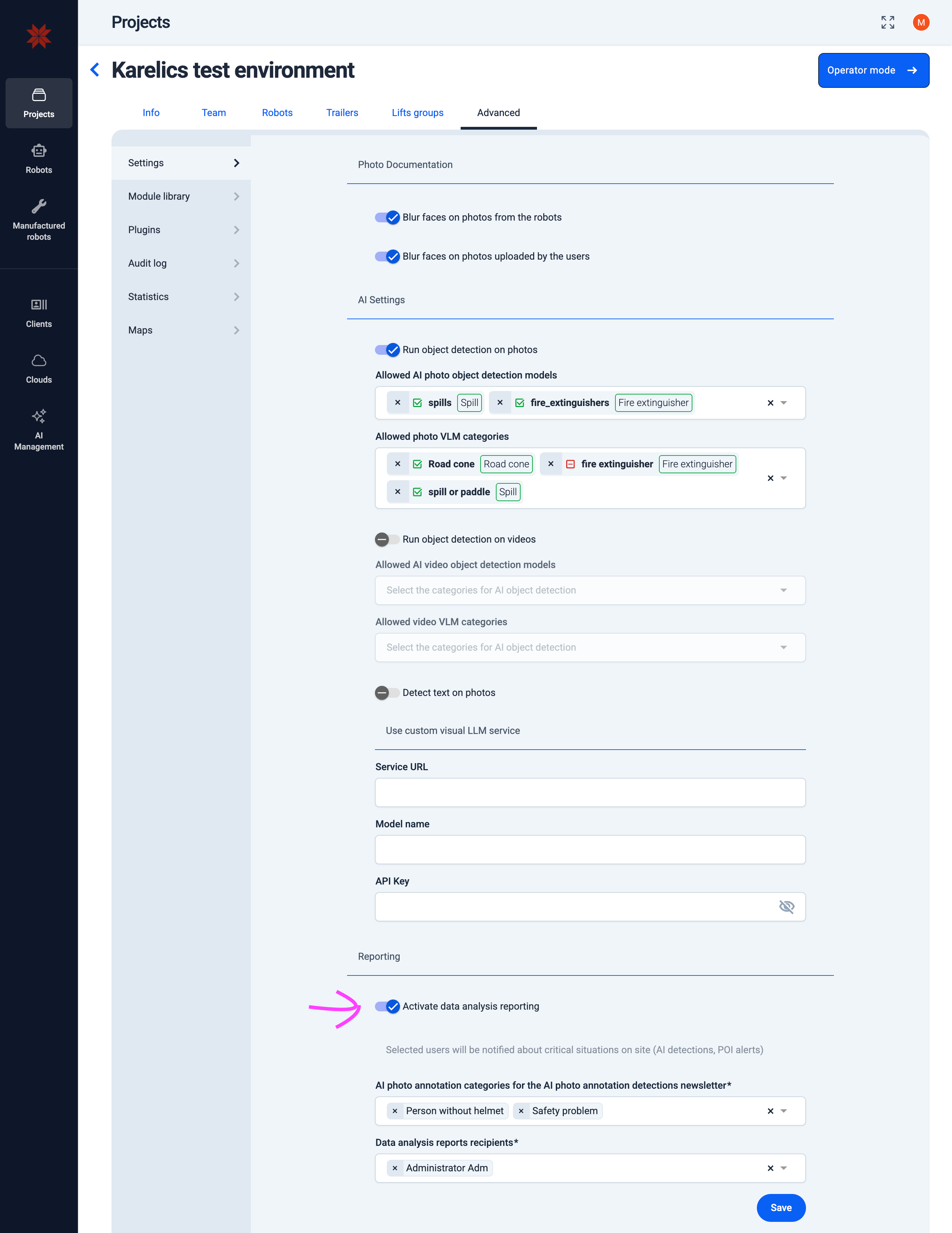 Reporting configuration