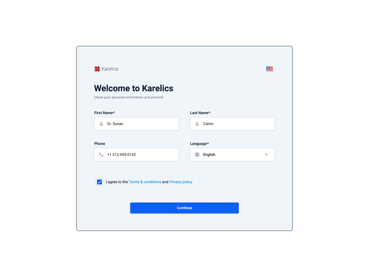 Step 6 — Profile details form (name, phone, language, terms)